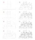 How to draw from nature step by step sketch of medieval French castle. Creation pencil drawing. Educational page for artists. Royalty Free Stock Photo