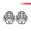 Globe with protecting hands thin line icon set.