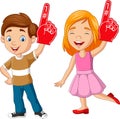 Cartoon boy and girl showing number one with foam finger