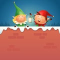 Elves girl and boy with lantern on snowy wall - winter night scene vector illustration Royalty Free Stock Photo
