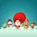 Christmas Friends Elves Santa Snowman and Reindeer celebrate holidays - jumping singing dancing on winter night scene - vector ill Royalty Free Stock Photo