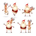 Santa Claus and Reindeer celebrate holidays and friendship - set vector illustrations isolated on transparent background