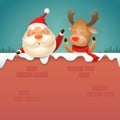 Santa Claus and Reindeer on wall - winter night scene vector illustration Royalty Free Stock Photo