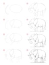 How to draw from nature step by step sketch of African elephant. Creation pencil drawing. Educational page for artists.