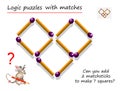 Logical puzzle game with matches for children and adults. Can you add 2 matchsticks to make 7 squares?