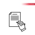 Hand holding pen signing paper document or contract icon.