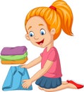 Cartoon little girl folding a clothes