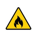 Fire warning sign on white. Fire warning sign in yellow triangle. Flammable, inflammable substances icon. Vector Royalty Free Stock Photo