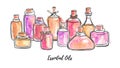 Vector watercolor illustration Essential oils. Beautiful hand drawn glass bottles in horizontal composition.