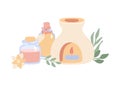 Vector illustration Aromatherapy with incense burner, essential oil bottles, flower and herbs.