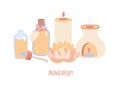 Vector illustration Aromatherapy with candle, lotus flower, incense burner and bottles with essential oils. Royalty Free Stock Photo