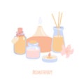 Vector illustration Aromatherapy with essential oil bottles, aroma diffusor and candle. Royalty Free Stock Photo
