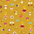 Snails mushrooms flowers characters nature seamless pattern