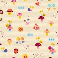 Snails mushrooms flowers cute little characters nature seamless pattern Royalty Free Stock Photo