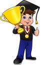 Congratulations young boy graduate holds a winning gold cup Royalty Free Stock Photo