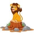 Happy cartoon lion sitting on tree stump Royalty Free Stock Photo