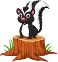 Cartoon baby skunk sitting on tree stump