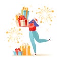 Christmas and New Year concept for greeting card with woman that holding girfts.