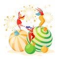 Happy New Year 2020 greeting card. Vector illustration with tiny characters joyfully dancing on large balls