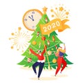 Christmas and New Year concept for greeting card with dancing couple around big bright christmas tree. Royalty Free Stock Photo