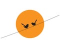 Two birds silhouettes on wire on sunset / sunrise, vector. Wall decals, wall art work. Scandinavian Minimalist poster design Royalty Free Stock Photo