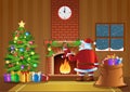 Santa Claus  send gift in fireplace room in Christmas night Royalty Free Stock Photo