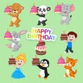 Set of cute animals and kids for happy birthday design Royalty Free Stock Photo
