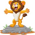 Happy cartoon lion posing on the rock Royalty Free Stock Photo