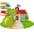 Cartoon dinosaur carrying stack of books in front school building