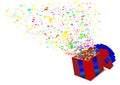 Open 3d red gift box with confetti.Red box with blue ribbon. Royalty Free Stock Photo