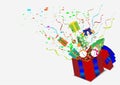 Open 3d red gift box with confetti.Red box with blue ribbon. Royalty Free Stock Photo