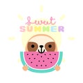 Cute baby sloth eating watermelon. Funny sloth holding watermelon slice. Summer card, poster, banner, background, t-shirt print de