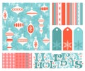 Set of new coordinating holiday seamless patterns, gift tags and design elements for gift wrap, cards and decoration.