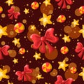 Bows, stars and swirl candies repetitive background. Christmas seamless pattern for winter holidays. Royalty Free Stock Photo