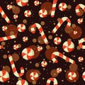 Red and white hard swirl candies repetitive background. Seamless pattern for christmas holidays and winter treats