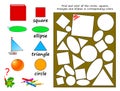 Educational page for kids to study geometrical figures. Find and color all circles, squares, triangles and ellipses.