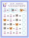 Educational page for little children on addition and subtraction. Solve examples according to value of each animal.