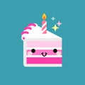 Slice birthday cake with candle. In kawaii style with smiling face and pink cheeks. For sweet design. Royalty Free Stock Photo