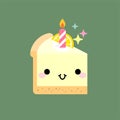 Slice birthday cake with candle. In kawaii style with smiling face and pink cheeks. For sweet design. Royalty Free Stock Photo