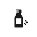 Pills with bottle, medical treatment black vector icon. Royalty Free Stock Photo