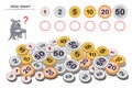 Logic puzzle game for children and adults. Help the dog count quantity of each coin and write numbers in circles. Royalty Free Stock Photo