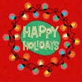 Happy Holidays greeting with string of Christmas lights in a circle on red background. Royalty Free Stock Photo