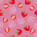 Strawberry seamless pattern on red background. Vector illustration of ripe berries