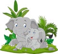 Cartoon Mother and baby elephant in the grass Royalty Free Stock Photo