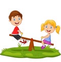 Cartoon kids playing on seesaw in the park