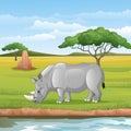 Cartoon African rhinoceros in the Savannah