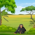 Cartoon chimpanzee in the Savannah