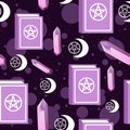 Amethyst, stars and moon pagan symbol and spell book seamless pattern. Repetitive background with precious stones