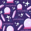 Galaxy themed seamless pattern with crystal ball telling, amethyst, stars and good fortune.