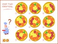 Logical puzzle game for children and adults. Need to find two identical pizzas. Educational page for kids. IQ training test.